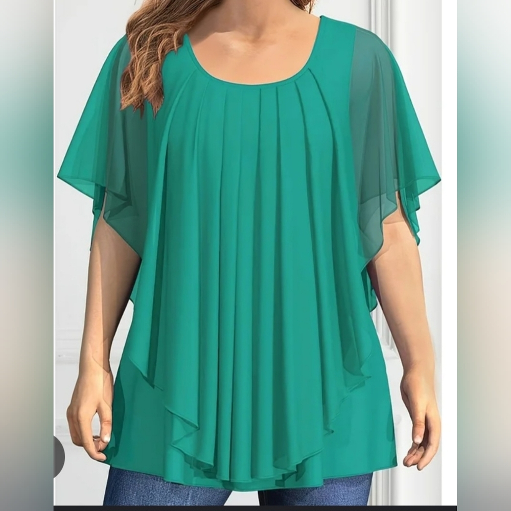 C Est. 1946 Teal Mesh Layered Butterfly Sleeve Blouse Plus Size 18/20 Pleated